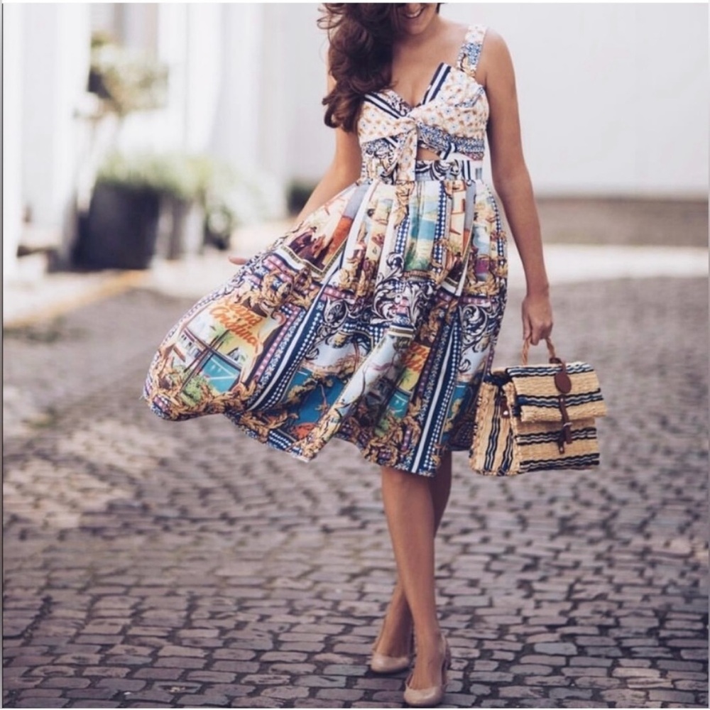 Asos printed vacation dress full pleated skater skirt midi cutout bow Zara H&M